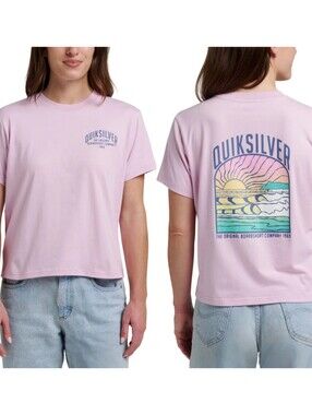 Quiksilver Pastel Pink Retro Surf Graphic Tee Womens Size Medium Cropped Top